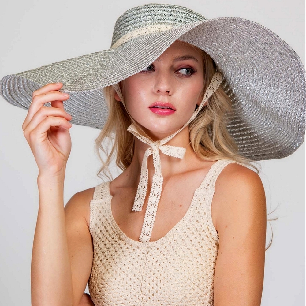 Classic Wide Brim Stunning Silver Floppy Straw Hat Ribbon Tie Summer Beach Wind